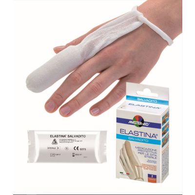 Verpackung des Elastina Salvadito Fingerfertigverbandes und Darstellung an der Hand