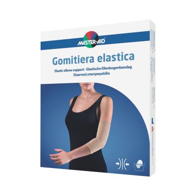 Verpackung der Ellenbogenbandage mit Anwendungsbild (Frau mit Bandage am Ellenbogen)