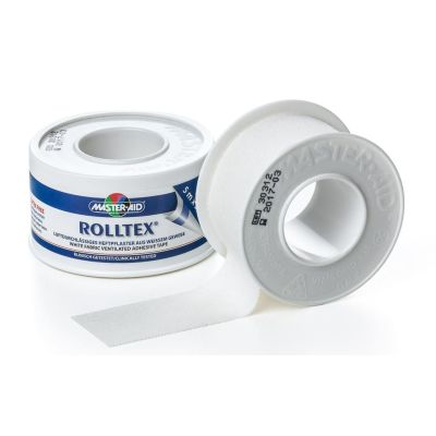 Verpackung und Einzelspule etwas abgewickelt des weißen Master Aid Spulenpflasters ROLLTEX® mit starker Haftung