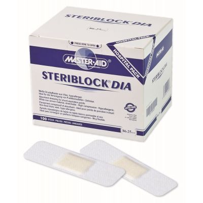 Verpackung Master Aid STERIBLOCK® DIA – Kompressionspflaster mit zwei einzelnen Pflastern davor 