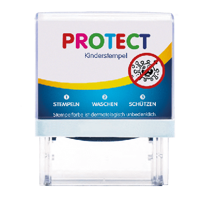 Vorderseite Protect-Kinderstempel mit Virenmotiv